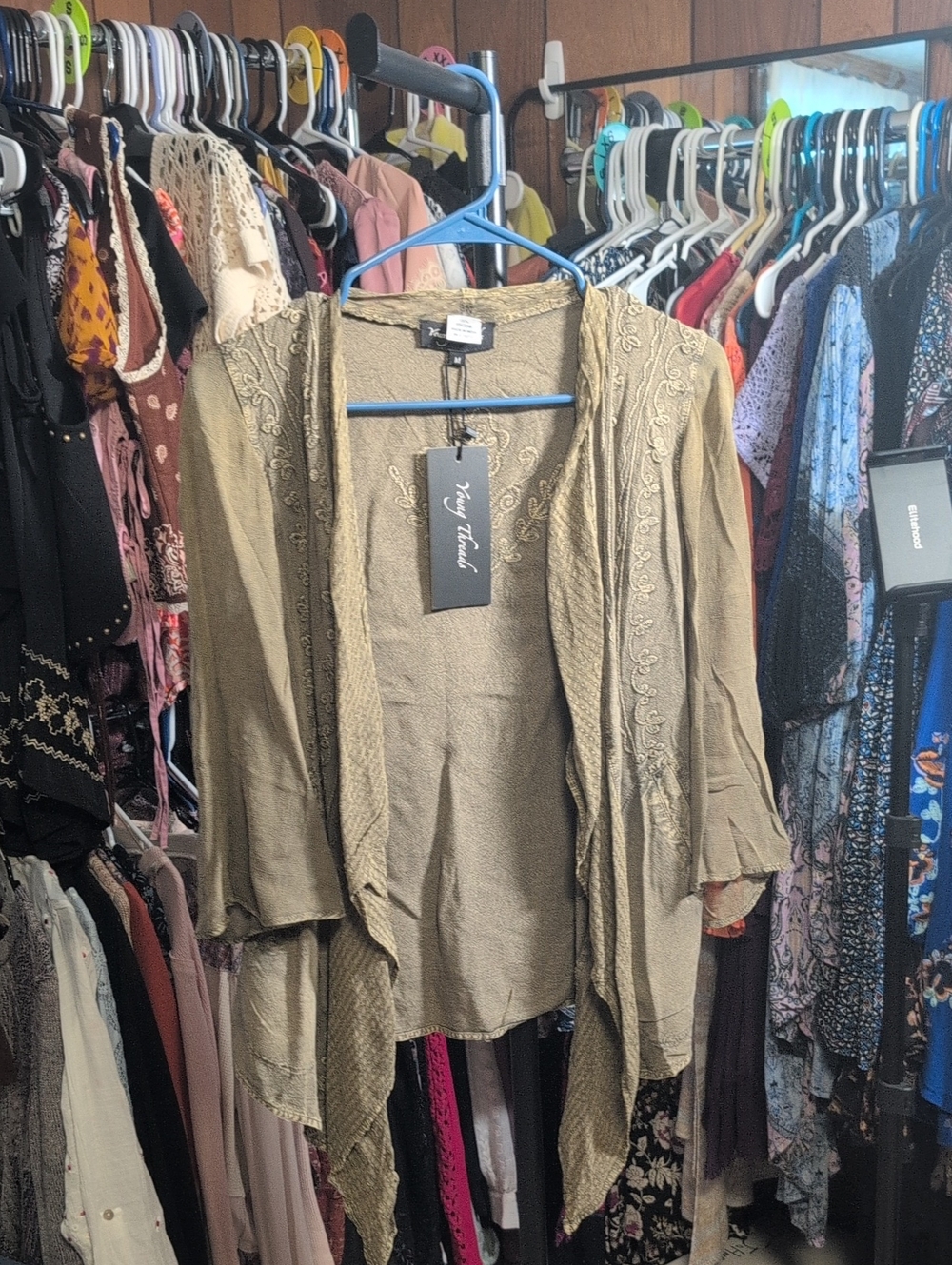 Young Threads Gravel Green Embroidered Open-Front Kimono NWT